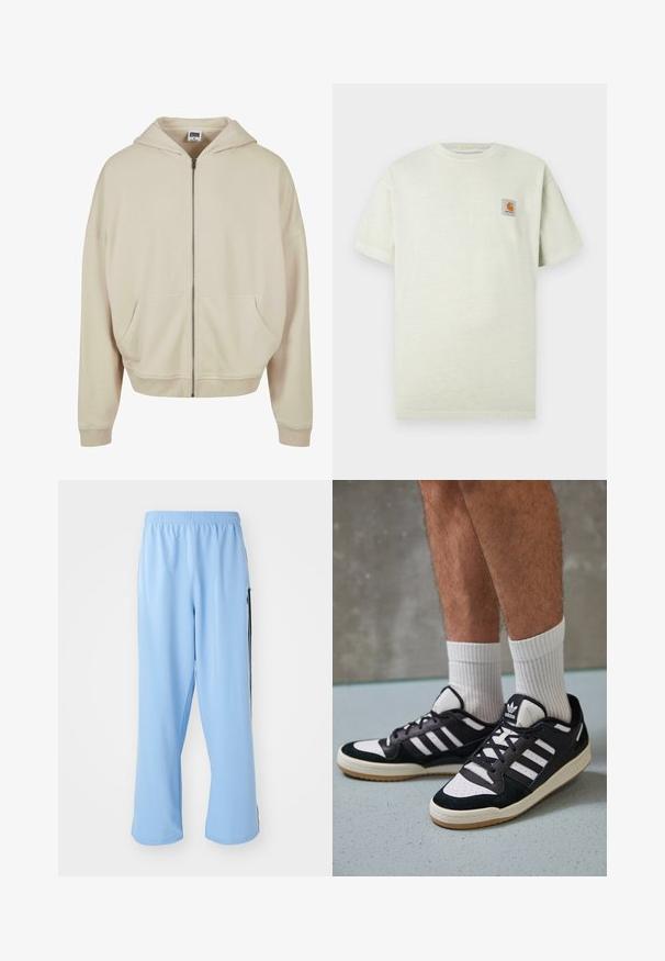 Beige hettegenser med glidelås, med hette, frontlommer, ribbestrikkede cuffs og nederkant. Laget av mykt materiale med en glatt tekstur.; Lys grønn bomull t-skjorte med korte ermer, rund halsutringning, og en liten firkantet lapp med logo på venstre bryst. Myk tekstur.; Lyseblå treningsbukser laget av glatt stoff, med elastisk midjebånd og kontrasterende svarte sidestriper.; Sorte og hvite sneakers med overdel i semsket skinn og lær, med tre hvite striper, perforert tå og en såle av gummi.