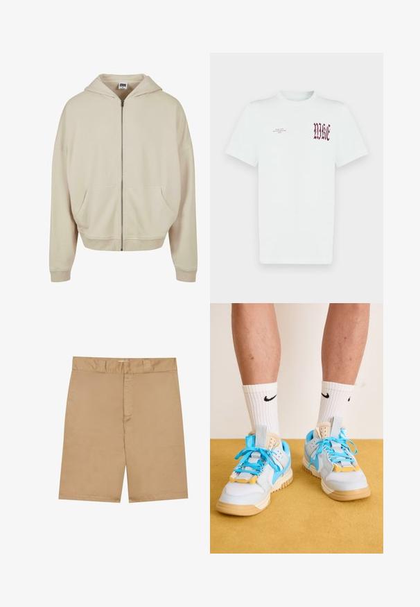Beige zip-up hoodie met een capuchon, voorzakken, ribgebreide manchetten en zoom. Gemaakt van zacht materiaal met een gladde textuur.; Wit katoenen T-shirt met rode "NIKE"-opdruk en tekst op de linkerborst. Korte mouwen en een ronde hals, gladde textuur.; Khaki korte broek met een platte tailleband, rits aan de voorkant en zijzakken; gemaakt van een gladde, lichte stof met een subtiele textuur.; Lichtblauwe sneakers met tan kleurige zolen, uitgerust met opvallende turquoise veters en gele accenten. Textuurmaterialen en zichtbare luchtkussens.