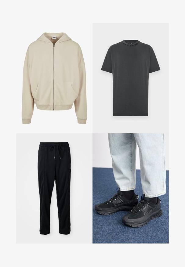 Béžová mikina na zips s kapucňou, prednými vreckami, rebrovanými manžetami a lemom. Vyrobená z mäkkého materiálu s hladkou textúrou.; Čierne tričko s krátkymi rukávmi vyrobené z bavlny, s okrúhlym výstrihom a vyrazeným logom "NIKE" na golieri. Bez vzorov alebo ďalších doplnkov.; Čierne voľné nohavice na gumičku v páse s bočnými vreckami a rovnými nohavicami na jednoduchom pozadí.; Čierne športové topánky s textúrovanou tkaninou a gumovou podrážkou, so elastickými šnúrkami a modrým akcentom na päte. Nosia sa s svetlými riflami.