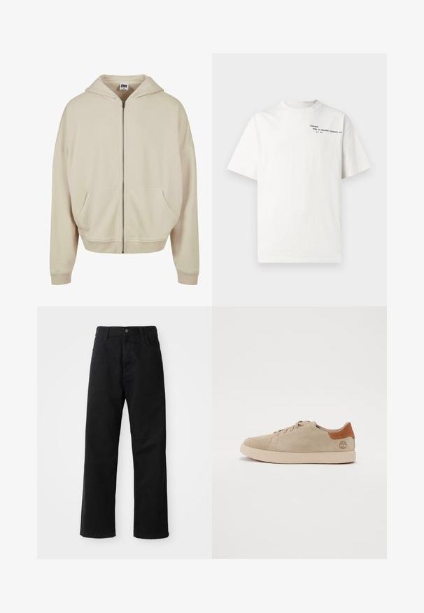 Beige mikina na zip s kapucí, předními kapsami, žebrovanými manžetami a lemem. Vyrobena z měkkého materiálu s hladkým povrchem.; Bílé bavlněné tričko s krátkými rukávy, kulatým výstřihem a černým potiskem na hrudi s nápisem "Carhartt Work in Progress 1989."; Černé džínové kalhoty s rovný střih, s předními kapsami, zipovým zapínáním a jedním horním knoflíkem. Texturovaná látka s matným povrchem.; Krémové semišové tenisky se šitým vzorem, světlou gumovou podrážkou a hnědými koženými detaily na patě a logu.