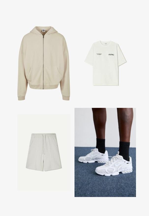 Felpa con zip beige, dotata di cappuccio, tasche frontali, polsini e orlo a coste. Realizzata in materiale morbido con una texture liscia.; T-shirt bianco in cotone con maniche corte. La parte anteriore presenta testo nero: "NON DOMANI NON OGGI" e "L'ARTE DEL MUOVERE LA POLVERE" in corsivo verde.; Pantaloni sportivi grigio chiaro realizzati in tessuto morbido, dotati di una vita elasticizzata, cordino e due tasche laterali. Cuciture in evidenza.; Scarpe da ginnastica bianche con tomaia in rete, dettagli testurizzati e suola imbottita. Abbinato a calzini neri a coste sopra la caviglia su una superficie in moquette blu.