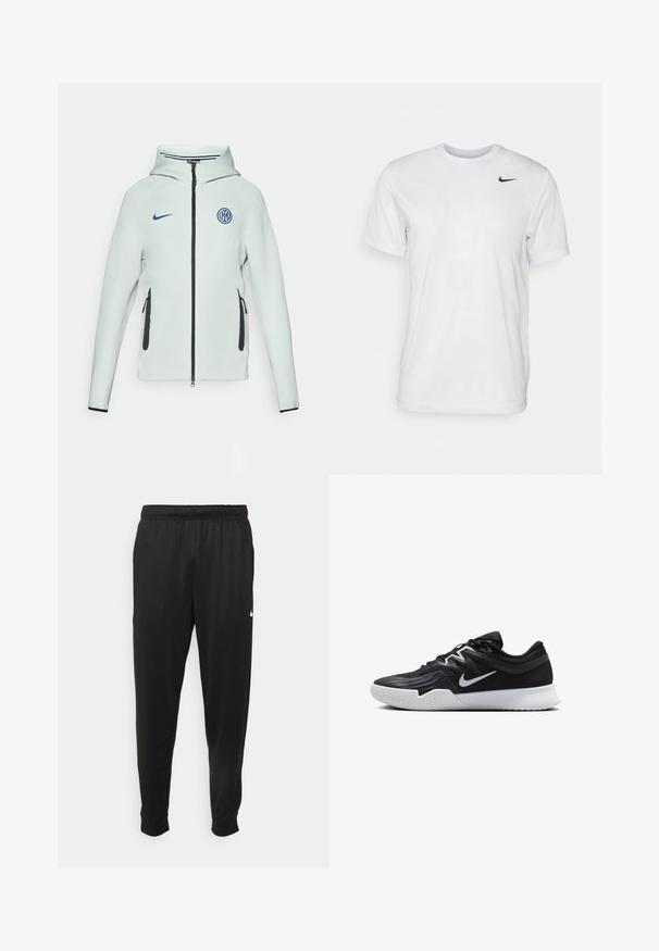 Giacca Nike verde chiaro con chiusura a zip, cappuccio e dettagli neri. Presenta tasche laterali con zip e un logo ricamato sul petto.; T-shirt bianco a maniche corte in tessuto morbido. Presenta un collo rotondo e un piccolo logo Nike nero sul lato sinistro del petto.; Pantaloni sportivi neri realizzati in tessuto liscio, con una vita elastica, gambe affusolate e un piccolo logo bianco sul lato sinistro.; Scarpa sportiva nera con tomaia testurizzata, logo Nike swoosh bianco e suola in gomma bianca. Presenta un design con lacci e una forma dinamica.