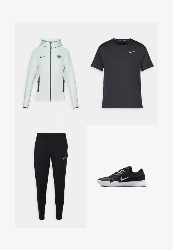 Lichtgroene Nike-jacket met een ritssluiting, capuchon en zwarte accenten. Heeft zijzakken met rits en een geborduurd logo op de borst.; Zwarte Nike hardloop T-shirt gemaakt van lichtgewicht, ademend materiaal, met korte mouwen en een klein wit logo op de borst.; Zwarte sport joggers met een elastische tailleband, slim fit en een wit Nike-logo aan de linkerkant. Zachte stof met een gladde textuur.; Zwarte sportieve schoen met een gestructureerde bovenkant, witte Nike swoosh en een witte rubberen zool. Beschikt over een veterontwerp en een dynamische vorm.