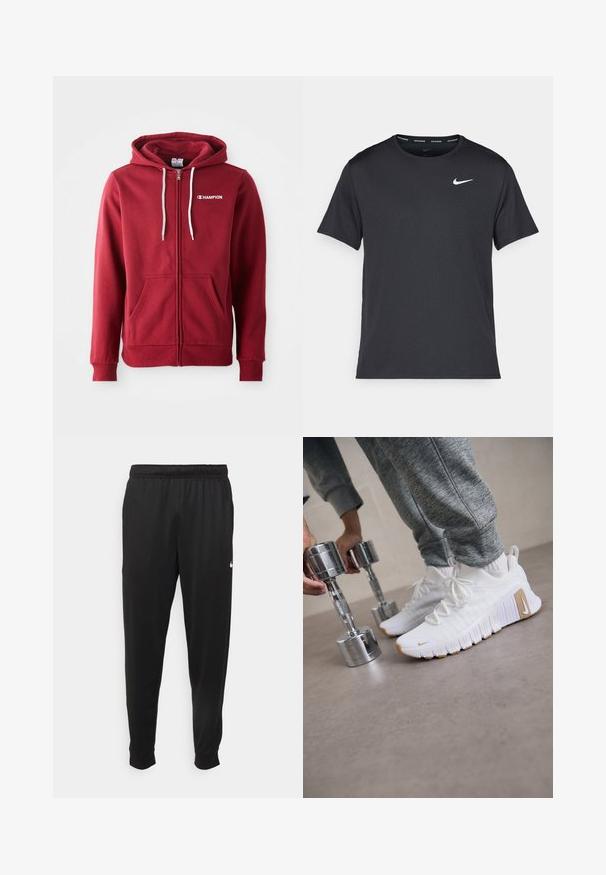 Punane tõmbesuusatõmme valgete paelte ja esikottidega. Omab rinnal väikest valget logo. Valmistatud pehmest kangast.; Mustamust Nike'i jooksupaita, mis on valmistatud kergest ja hingavast materjalist, lühikeste varrukatega ja mille rinnal on väike valge logo.; Mustad mustekad athletic-püksid sujuvast kangast, elastse vöökoha, kitsenevate jalgade ja väikese valge logoga vasakul küljel.; Valged sportlikud jalanõud tekstuuriga ülemise osa, lame kummitald ja heledat pruuni aktsentidega. Eesotsas hõbedased hantlid. Näha on hallid spordipüksid.