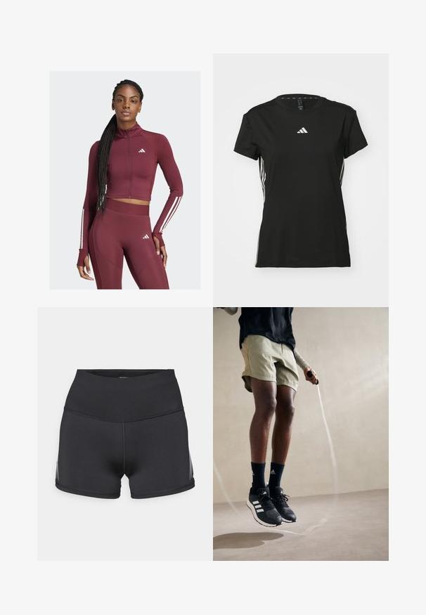 Burgundy athletic crop top and leggings, made from stretchy fabric. Features white stripes on sleeves and logos on chest and thigh.; Black athletic t-shirt with short sleeves, made of synthetic material. Features a small white logo on the chest and white stripes on the sides.; Black athletic shorts with a high waistband, made of stretch fabric. Features white side stripes and flatlock seams for comfort.; Black athletic shoes with white stripes, olive green shorts, and navy socks. A jump rope is in the individual's hands. Neutral background.