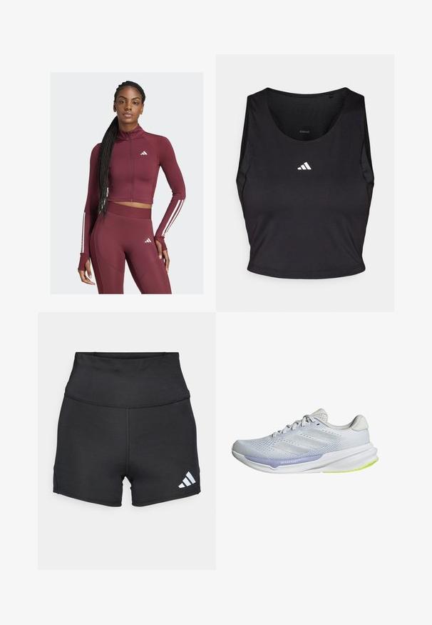 Top sportivo a due pezzi color bordeaux e leggings, realizzati in tessuto elasticizzato. Presentano strisce bianche sulle maniche e logo sul petto e sulla coscia.; Crop top sportivo nero realizzato in tessuto traspirante, con collo rotondo, senza maniche e logo bianco sul petto.; adidas Performance Leggings - black; Scarpa da ginnastica bianca con tomaia in rete traspirante, design texturizzato e dettagli in lavanda. Presenta una suola ammortizzata con dettagli verde sulla suola.