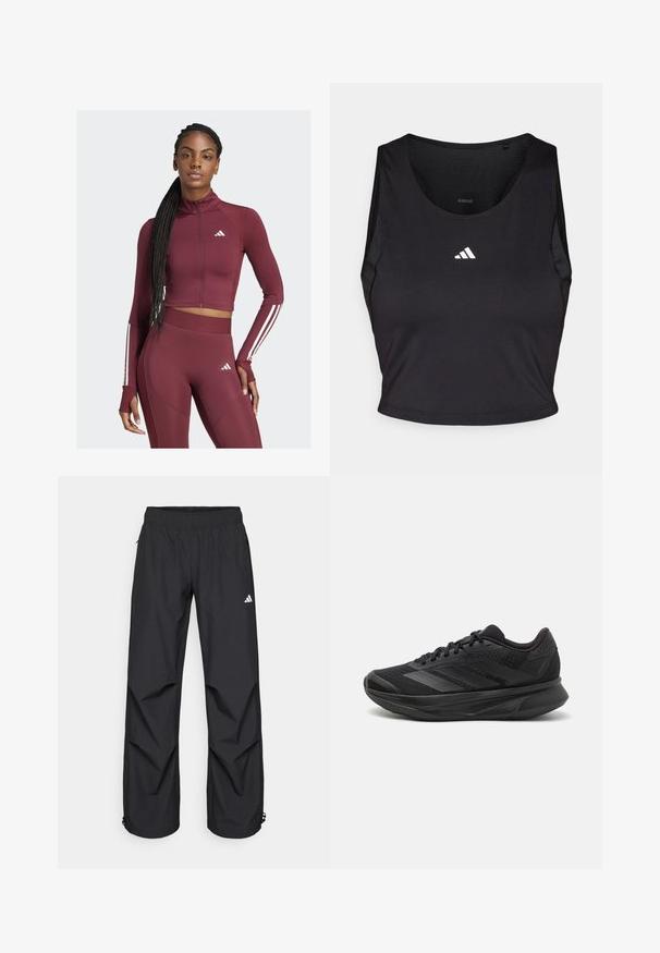Burgundy athletic crop top and leggings, made from stretchy fabric. Features white stripes on sleeves and logos on chest and thigh.; Black sports crop top made from moisture-wicking fabric, featuring a round neck, sleeveless design, and white logo on the chest.; Black, lightweight, waterproof pants with an elastic waistband, side pockets, and adjustable cuffs. Features a white logo on the left thigh.; Black running shoe with a breathable mesh upper, rounded toe, sleek design, textured accents, and a cushioned sole for comfort.