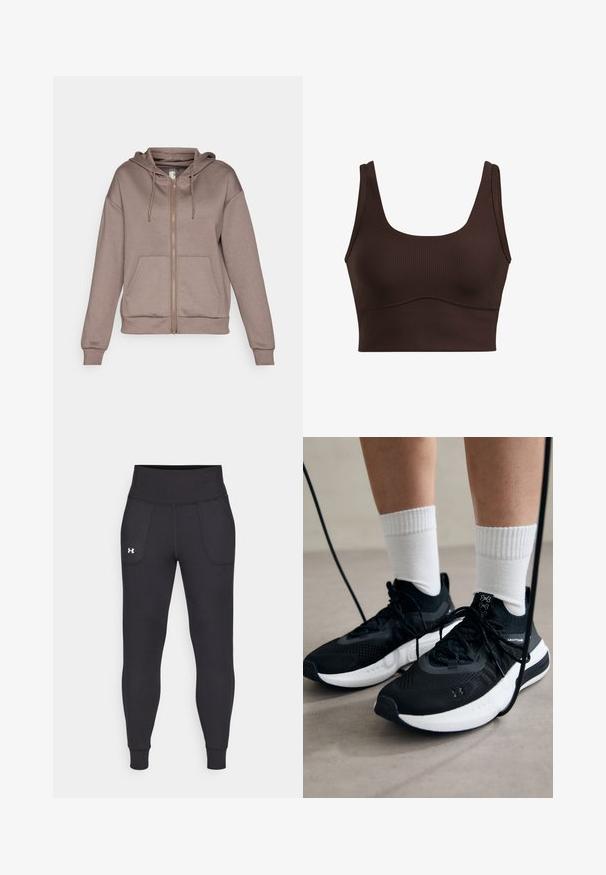 ONLY Play ONPLOUNGE LIFE HOOD - Zip-up sweatshirt - brown; Brown ribbed crop top with wide straps, a square neckline, and seamless stitching along the waistline, featuring a smooth texture.; Black athletic leggings made from stretchy material, featuring a high waistband, side pockets, and fitted cuffs at the ankle.; Black athletic shoes with textured fabric, white sole, and black laces. Worn with white ribbed socks, standing on a light surface.