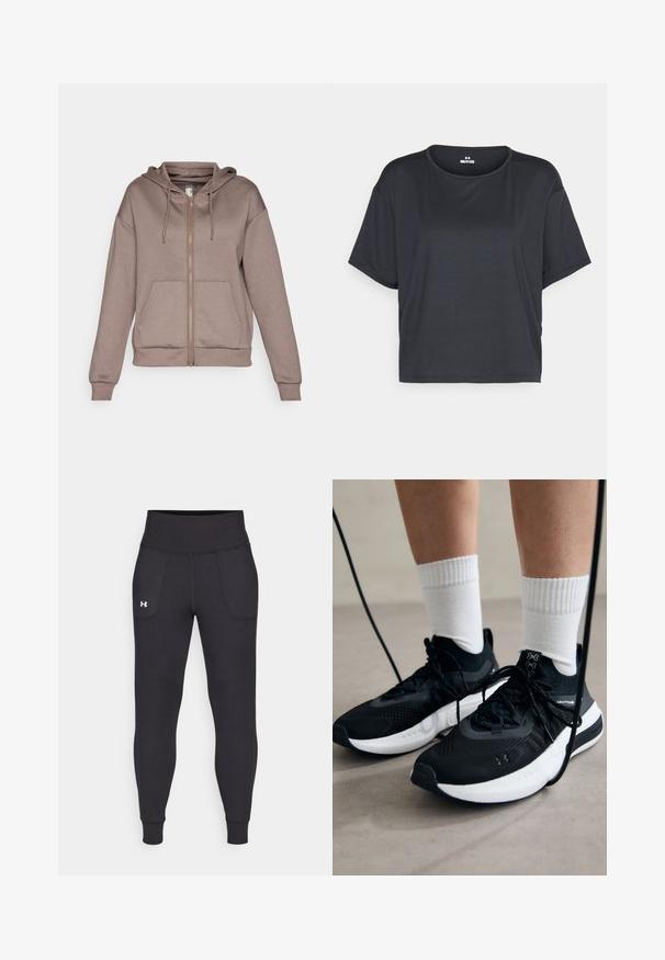 ONLY Play ONPLOUNGE LIFE HOOD - Sweatjacke - brown; Schwarzes kurzärmliges crop-top T-Shirt mit rundem Halsausschnitt und weichem, glattem Stoff. Keine sichtbaren Muster oder Beschläge.; Schwarze Sportleggings aus dehnbarem Material, mit hohem Taillenbund, seitlichen Taschen und schmalen Bündchen am Knöchel.; Schwarze Sportschuhe aus strukturiertem Stoff, mit weißer Sohle und schwarzen Schnürsenkeln. Tragen mit weißen gerippten Socken, stehen auf einer hellen Fläche.