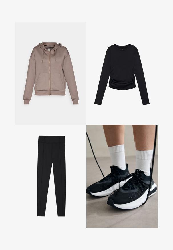 ONLY Play ONPLOUNGE LIFE HOOD - Sweater met rits - brown; Zwarte lange mouw top met een ronde halslijn en geplooide details aan de zijkanten, getoond tegen een plain witte achtergrond.; Zwarte legging met een gladde textuur, hoge tailleband en stiksels langs de zijkanten. Slim-fit ontwerp, geschikt voor verschillende activiteiten.; Zwarte sportschoenen van gestructureerde stof, met een witte zool en zwarte veters. Draag ze met witte geribde sokken, staand op een lichte ondergrond.