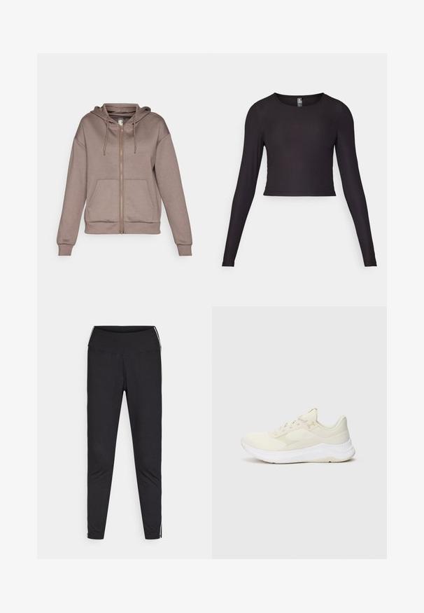 ONLY Play ONPLOUNGE LIFE HOOD - Mikina so zipsom - brown; Čierny dlhý rukáv, skrátený top vyrobený z rebrovanej látky. Má okrúhly výstrih a priliehavý strih s textúrovaným povrchom.; Čierne legíny vyrobené zo strečového materiálu. Vysoký pás, zúžený strih, obsahujú biele bočné prúžky podél vonkajších švov. Hladká textúra.; Svetlé športové topánky vyrobené z sieťoviny a syntetických materiálov, s textúrovaným zvrškom, polstrovanou podrážkou a jemným brandingom.