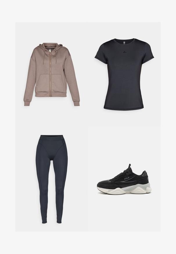 ONLY Play ONPLOUNGE LIFE HOOD - Mikina na zip - brown; Černé tričko s krátkým rukávem vyrobené z hladké, prodyšné tkaniny, které na přední straně obsahuje minimalistické logo. Klasický kulatý výstřih.; Vysoké černé legíny z elastického materiálu s bezešvými stranami a obepínajícím střihem pro pohodlí a pohyblivost.; Černé tenisky vyrobené z prodyšné síťoviny a semiše, s tlustou podešví, zaobleným tvarem, jemnými šedými akcenty a značkovým logem na boku.