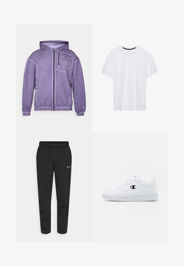 Fialová zipová mikina vyrobená z měkké tkaniny, s přední kapsou, žebrovými manžetami a vyšívaným logem „Champion“ na hrudi.; Bílý crewneck tričko vyrobené z bavlny, s krátkými rukávy a malým logem vyšitým na levé straně hrudi. Měkká textura.; Černé tepláky vyrobené z bavlněné směsi, s elastickým pasem a malým bílým logem na levé straně. Design se zúženými nohavicemi.; Bílé sportovní tenisky s hladkým syntetickým svrškem, černým logem a perforovanými detaily po stranách. Gumová podrážka.