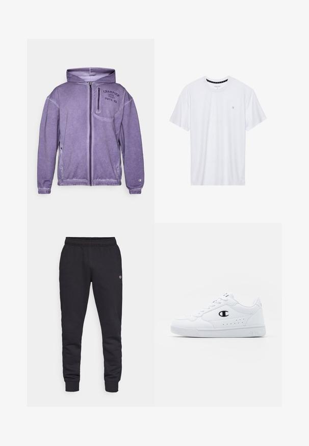 Sweatshirt roxo com fecho, feito de um tecido macio, apresentando um bolso frontal, punhos canelados e o logótipo "Champion" bordado no peito.; Camiseta branca de gola redonda feita de algodão, com mangas curtas e um pequeno logótipo bordado na área do peito esquerdo. Textura suave.; Calças de moletão pretas em algodão com uma cintura elástica e punhos. Apresenta detalhe do logotipo na lateral. Textura suave, design ajustado.; Sapatilhas brancas de desporto com um cabedal sintético liso, detalhes em preto no logótipo e perfurações na lateral. Sola em borracha.