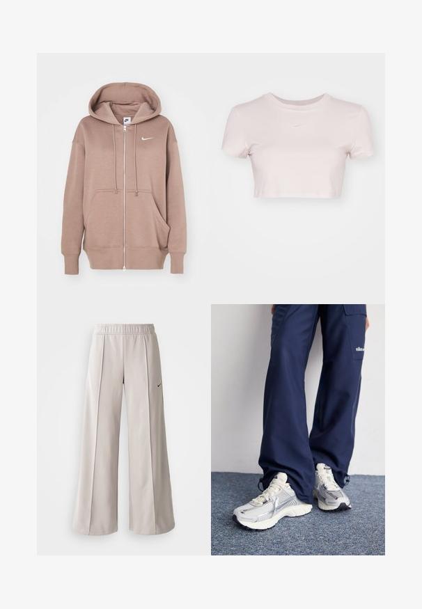 Barna, cipzáras kapucnis pulóver, puha anyagból készült, elülső zsebbel, állítható fűzős kapucnival és egy kis fehér Nike logóval a mellrészen.; Rövid ujjú, világos rózsaszín, vágott póló, puha anyagból készült. Kerek nyakkivágással és kis fehér Nike logóval rendelkezik a mellrészen.; Világosszürke, bő szabású nadrág sima anyagból. Gumírozott derékrésszel és fekete Nike logóval a bal oldalon.; Nike sportcipők ezüst hálós felsőrésszel, fehér kiegészítőkkel és texturált talppal, lazán illeszkedő sötétkék nadrággal párosítva.