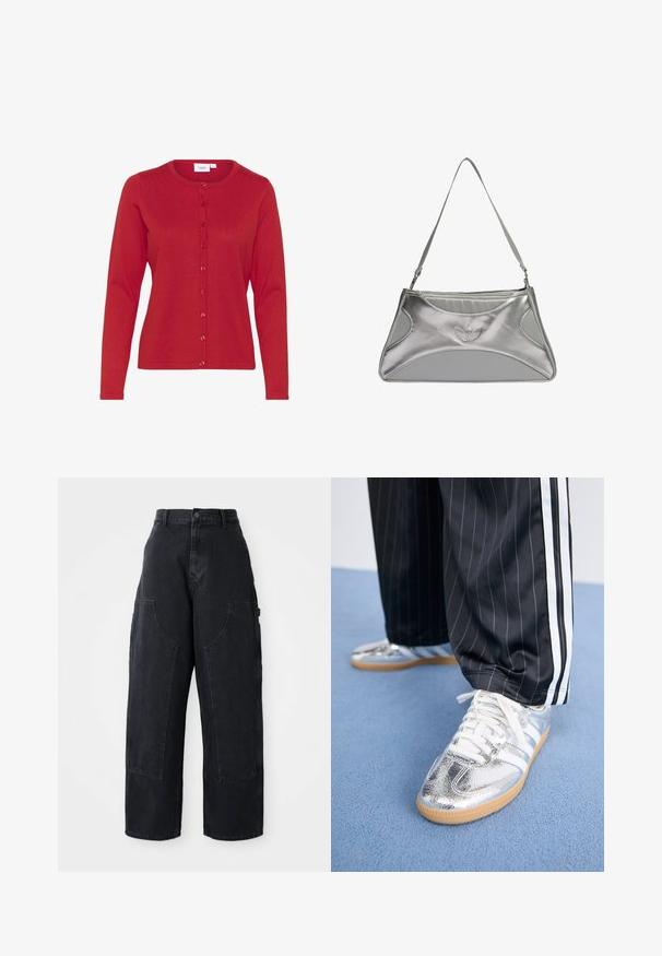 Raudonas ilgomis rankovėmis kardiganas, pagamintas iš megztinio audinio, su apykakle ir priekyje esančiu mygtukų uždarymu. Sklandus paviršius su subtiliu raukšlėtos detalės akcentu.; Balta medvilnė marškinėliai su laisvu sijonu, trumpomis rankovėmis ir maža siuvinėta logo kairėje krūtinės pusėje.; Juodų džinsų plačios kojos cargo kelnės su aukštu liemeniu, dviem didelėmis priekinėmis kišenėmis ir užsegimu mygtuku liemenyje. Lygi tekstūra, kasdieniškas dizainas.; Metalizuoti sidabriniai sportbačiai su baltais raišteliais ir trimis baltais dryžiais, derinami su juodais dryžuotais kelnėmis. Gumos padas apatinėje dalyje.; Sidabrinė metalinė rankinė su šiuolaikišku, struktūrizuotu dizainu, turinti tekstūruotą paviršių, peties diržą ir reliefinį logotipo akcentą.