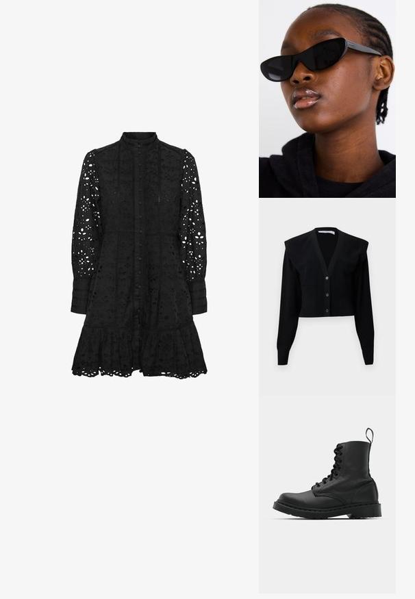 Black cropped cardigan featuring a V-neck, button closure, shoulder pads, and ribbed texture on sleeves and bottom hem.; Black embroidered dress with a high collar, button front, long sleeves, and a ruffled hem. Features cut-out floral and geometric patterns.; Black leather combat boot with a round toe, lace-up front, and a pull tab at the ankle. Features a thick rubber sole for durability.; Black cat-eye sunglasses with a matte finish, featuring a sleek design and gently curved edges, set against a model's dark clothing.