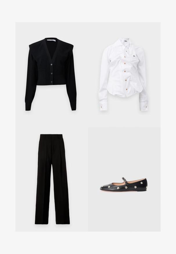 Melnā īsā kardiģa ar V-veida kakla izgriezumu, pogu aizdares, plecu spilveniem un ribotu tekstūru uz piedurknēm un apakšmalas.; Balts garām piedurknēm krekls ar pieguļošu dizainu. Iekļauj lielu apkakli, priekšējo pogu aizdari ar brūnām pogām un mazu izbrodētu logotipu.; Melnas platajās bikses, izgatavotas no gluda auduma, ar augstu jostu, priekšējām krokām un tīru, šūtu dizainu bez rotājumiem.; Melna ādas Mary Jane līdzena zābaku ar noapaļotu purngalu, kurā ir sudraba apaļie kniedes un regulējama siksniņa ar sprādzi.
