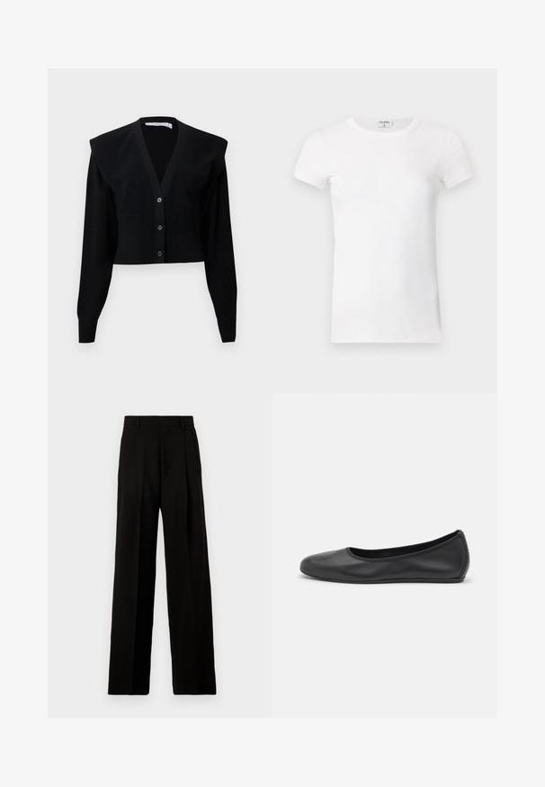 Schwarze, cropped Strickjacke mit V-Ausschnitt, Knopfverschluss, Schulterpolstern und geripptem Muster an den Ärmeln und dem unteren Saum.; Weißes geripptes T-Shirt mit kurzen Ärmeln und Rundhalsausschnitt. Der Stoff wirkt glatt und hat eine figurbetonte Silhouette. Markenlabel am Kragen sichtbar.; Schwarze, weit geschnittene Hosen aus glattem Stoff, mit hoher Taille, Vorderfalten und einem sauberen, maßgeschneiderten Design ohne Verzierungen.; Schwarze Leder-Ballettschuhe mit abgerundeter Spitze, glatter Textur, minimalen Nähdetails und einem flexiblen Sohlen-Design.