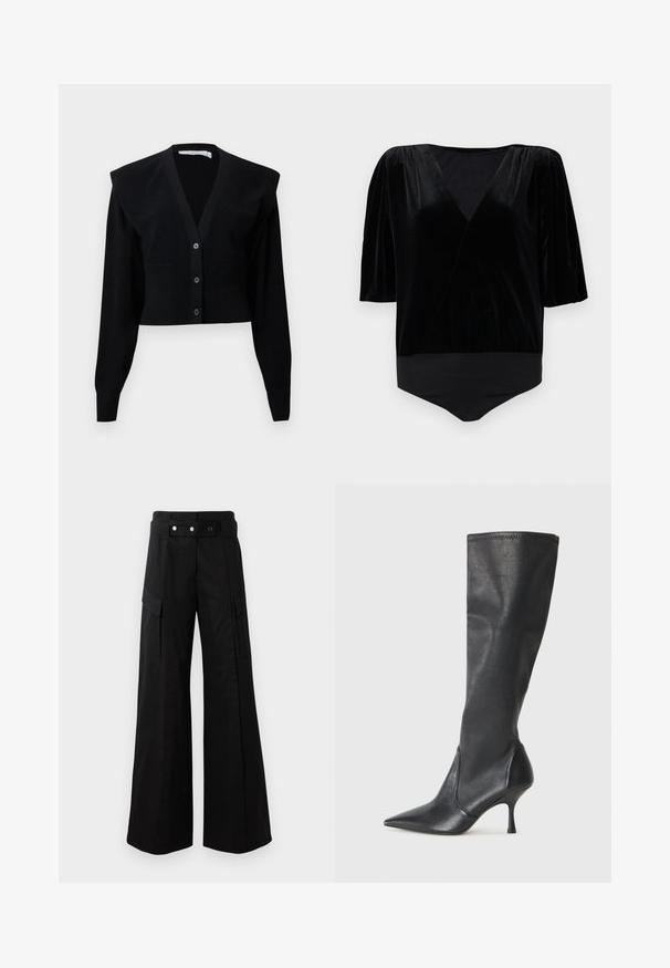 Zwarte cropped cardigan met V-hals, knoopsluiting, schoudervullingen en geribbelde textuur op de mouwen en onderrand.; Zwart fluwelen bodysuit met een diepe V-hals, korte pofmouwen en een aansluitende onderkant. Gladde textuur en elegante wikkelontwerp.; Zwarte wijde broek met hoge tailleband, voorzien van grote zijzakken, twee knopen aan de voorkant en een lusdetail. Gemaakt van stevige stof.; Kniehoge zwarte leren laarzen met een spitse neus en een slanke stilettohak. Glad textuur met een aansluitend ontwerp en stiksels aan de bovenrand.