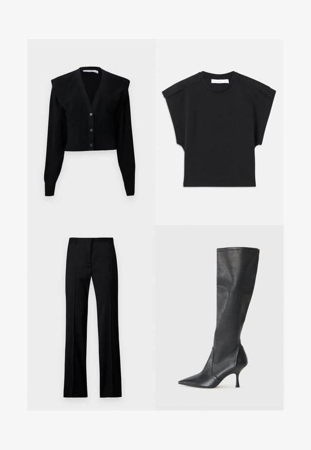 Černý zkrácený kardigan s výstřihem do V, zapínáním na knoflíky, ramenními vycpávkami a žebrovanou texturou na rukávech a spodním lemu.; Černý krátký rukáv top s kulatým výstřihem a detaily na ramenou, položený na bílé pozadí.; Černé kalhoty rovného střihu z hladkého materiálu, s plochým předním dílem, poutek na opasek a bez viditelných kapes nebo ozdob.; Černé kožené vysoké boty do kolen s špičatou špičkou a štíhlým jehlovým podpatkem. Hladká textura s přiléhavým střihem a přešitím na horním okraji.