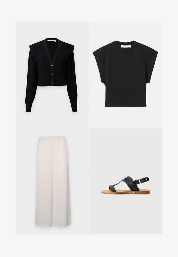 Czarny skrócony kardigan z dekoltem w serek, z zapięciem na guziki, poduszkami na ramionach oraz ściągaczem na rękawach i dolnym wykończeniu.; Czarny top z krótkim rękawem i okrągłym dekoltem, z detalami na ramionach, leży płasko na białym tle.; Jasno beżowe spodnie typu wide leg z elastycznym pasem. Gładki materiał, o pełnej długości, bez widocznych ozdób czy wzorów.; Czarne skórzane sandały z regulowanym zapięciem, płaską, brązową podeszwą oraz dwoma szerokimi paskami krzyżującymi się na stopie, minimalistyczny design.
