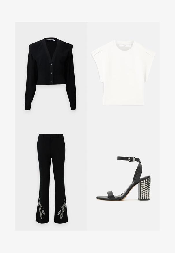 Czarny skrócony kardigan z dekoltem w serek, z zapięciem na guziki, poduszkami na ramionach oraz ściągaczem na rękawach i dolnym wykończeniu.; Biały, prostokątny t-shirt z krótkim rękawem. Wykonany z gładkiego materiału, z okrągłym dekoltem i subtelnymi akcentami na ramionach. Prosty design.; Czarne spodnie dzwony z haftowanymi srebrnymi liśćmi na dole nogawek. Wykonane z gładkiej tkaniny, z usztywnionym pasem i dopasowanym krojem.; Czarne skórzane sandały na obcasie z paskiem na kostkę. Charakteryzują się kwadratowym noskiem, gładką teksturą oraz kwadratowym słupkiem ozdobionym srebrnymi ćwiekami.