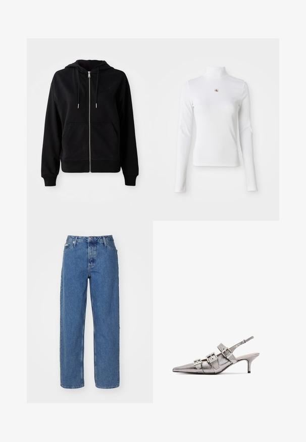 Juoda medvilninė zip-up džemperis, pagamintas iš minkštos medžiagos. Turi priekinę kišenę, reguliuojamą kapucą su raišteliais ir išsiuvinėtą logotipą ant krūtinės.; Ilgas rankovės baltas golfas, pagamintas iš raukšlėtos medžiagos. Pasižymi mažuoju siuvinėtu logotipu centre. Prigludusio dizaino, be raštų.; Šviesiai mėlyni džinsai su aukštu liemeniu, tiesaus silueto dizainu, penkiais kišenėmis ir šiek tiek išblukusiu tekstūru. Prisegamas ir mygtuko užsegimas.; Metalinis sidabro spalvos slingback kulnas su smailiu pirštu, turintis tris plačias juosteles ir kvadratinius metalinius užsegimus. Blizgi tekstūra ir plonas kulnas.