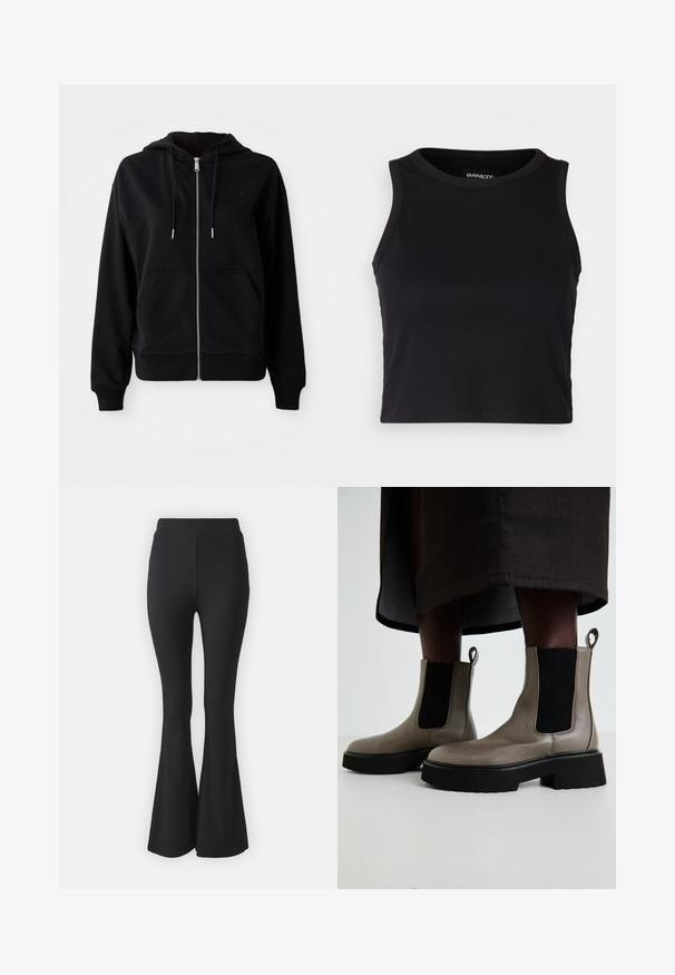 Felpa nera con zip realizzata in tessuto morbido. Presenta una tasca a marsupio frontale, cappuccio regolabile con lacci e logo ricamato sul petto.; Top corto a costine nero con scollatura rotonda e design senza maniche. Realizzato in tessuto morbido ed elastico, presenta bordi rifiniti con cura.; Pantaloni neri a campana realizzati in tessuto elastico. Presentano una vita alta e un design liscio e aderente che si allarga dal ginocchio in giù.; Stivaletti grigi alla caviglia realizzati in pelle testurizzata con pannelli laterali elastici e una suola nera spessa. Presentano dei tiranti per una facile calzata.