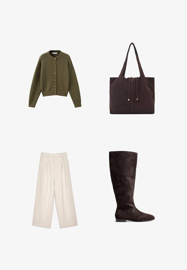 Oliivivihreä neulecardigan, jossa on pyöreä kaula-aukko, suuret napit edessä ja resorit hihoissa ja helmassa. Pehmeä rakenne, rento malli.; Vaaleanbeige lyhythihainen t-paita, jossa on pyöreä kaula-aukko, valmistettu pehmeästä ja sileästä kankaasta. Ominaisuuksina rento mitta ja suora helma.; Beige leveled trousers with pleats, featuring a smooth texture and belt loops. Tailored cut, providing a loose fit around the legs.; Ruskea mokkanahasta valmistettu polvenyli saapas, jossa on sileä pinta, pyöreä kärki ja matala musta pohja. Yksinkertainen malli ilman koristeluja.; Mango Shopping bag - dark brown