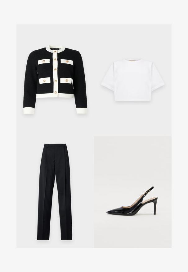 Pulover scurt alb-negru din țesătură texturată, având patru buzunare frontale și nasturi aurii pe centru.; Tricou alb scurt dintr-un material moale, cu mâneci scurte, decolteu rotund și detalii ribbrate la margine. Design simplu și fără embellishments.; Pantaloni negri dintr-un material neted, cu talie înaltă, picioare largi, pliuri frontale și loop-uri clasice pentru curea. Fără buzunare laterale vizibile.; Pantofi slingback din piele patent neagră, cu vârful ascuțit, tocul subțire și un design discret cu decupaj. Se evidențiază printr-un cataramă aurie pe curea.