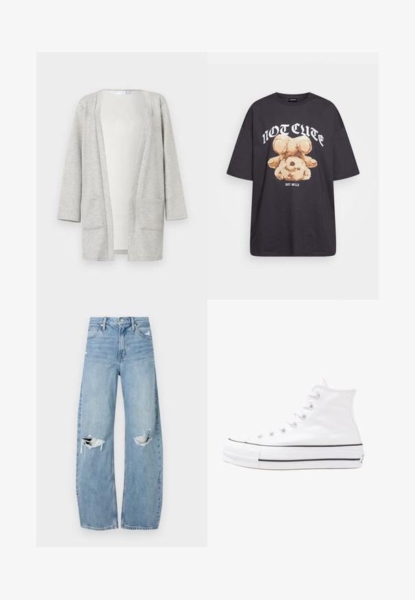 Lysegrå cardigan laget av glatt stoff, med lange ermer, åpen front og to frontlommer. Ingen lukking eller fremtredende mønstre.; Svart oversized t-skjorte med en grafikk av en bjørn og teksten "IKKE SØT, MEN VILL" i fet, hvit skrift. Laget av bomull.; Lyseblå høytlivsjeans laget av denim. Har vide bein, to revne knær og klassisk fem-lommers design.; Hvit høy-skinn kanvas sneakers med svart gummisåle, gummitåhette foran og seks hull for snorer, med et rent, minimalistisk design.