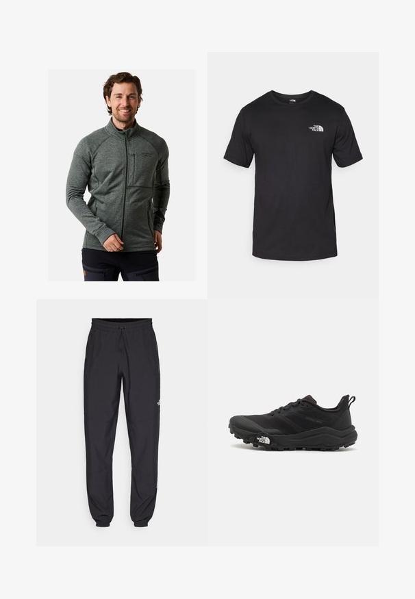 Giacca zip-up grigia e texturizzata con colletto alto, dotata di tasche laterali e logo sul petto. Taglio aderente con maniche lunghe e aperture per il pollice.; T-shirt nera a maniche corte in cotone, con scollatura rotonda e un piccolo logo bianco nell'area superiore sinistra del petto.; Pantaloni sportivi neri realizzati in tessuto leggero, con vita regolabile con cordino, tasche laterali e orli affusolati alle caviglie.; Scarpa da trail running nera con tomaia texture, suola in gomma e punta rinforzata. Presenta un collare imbottito e un tassello per un indossamento facile.
