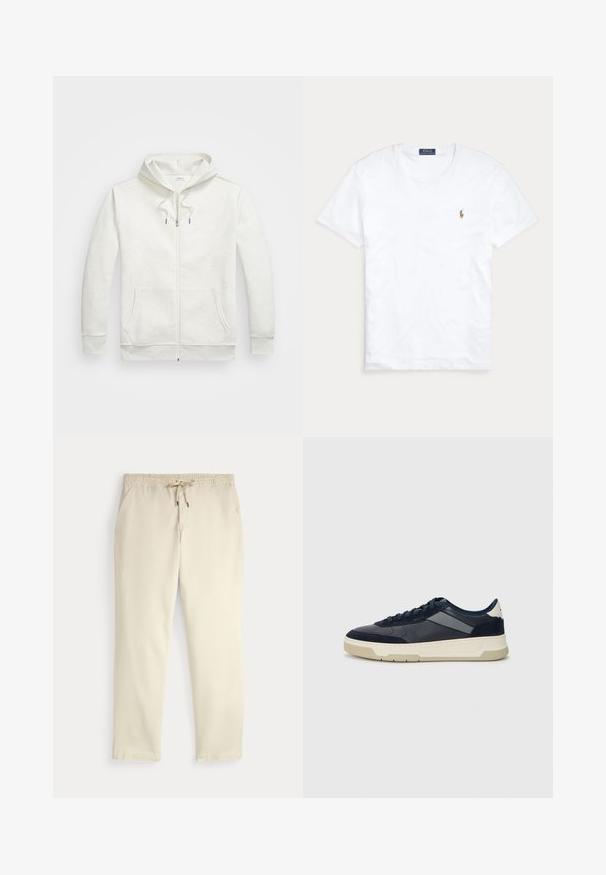 Sweatshirt zip cinza claro feito de tecido suave. Apresenta capuz com cordão, bolsos frontais e um pequeno logotipo no peito.; Camiseta de manga curta branca com decote redondo e bordado do logótipo da Polo Ralph Lauren no lado esquerdo do peito.; Calças casuais off-white com cintura elástica e cordão, pernas retas e bolsos laterais, contra um fundo liso.; BOSS BALTIMORE - Sapatilhas - open blue