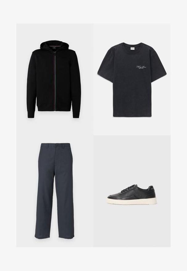 Melna kapuce ar rāvējslēdzēju, izgatavota no kokvilnas, ar krāsainu svītru rāvējslēdzēju, garām piedurknēm un kapuci. Gluda tekstūra, nav redzamu rakstu.; Melna īsās piedurknes T-kreklā ar mazu balto "Filling Pieces" tekstu logotipu uz kreisā krūšu.; Tumši zili rakstainas auduma bikses ar taisnu kāju griezumu, divām priekšējām kabatām un vienu pogas aizdari.; Melnas ādas sporta kurpes ar struktūru, apaļu purngalu un plakanu baltu gumijas zoli. Iezīmētas ar melnām šņorēm un zīmola logo uz papēža.