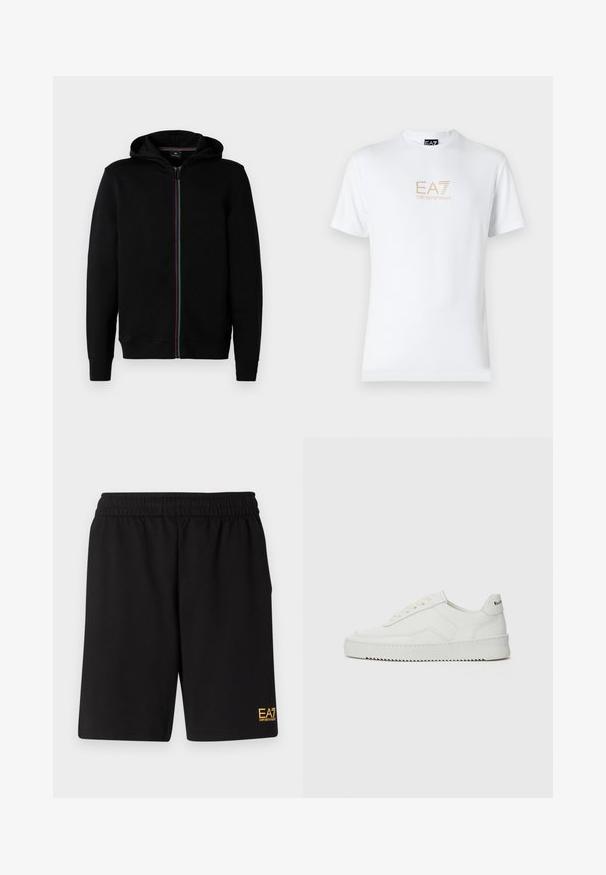 Fekete zipzáros kapucnis pulóver, pamutból készült, színes csíkos cipzárral, hosszú ujjal és kapucnival. Simább textúra, látható minták nélkül.; Fehér pamut póló, kerek nyakkivágással és rövid ujjakkal, az elején arany EA7 Emporio Armani logóval nyomtatva.; Fekete sportnadrág puha anyagból, rugalmas derékkal és egy kis sárga EA7 logóval a bal alsó lábszáron.; Fehér bőr sportcipő sima felülettel, kerek orral, lapos fűzőkkel és texturált talppal. Finom logó található a sarokon.