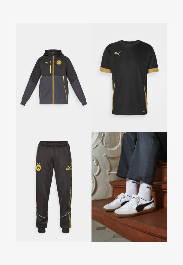 Puma hættejakke i sort og grå med gule detaljer. Har lynlåslommer, et logo-patch og ribbede manchetter. Fremstillet af et blødt, holdbart materiale.; Sort sports T-shirt med gyldne detaljer på ærmerne og siden. Den har rund hals, korte ærmer og svedtransporterende DRYCELL-stof.; Sorte træningsbukser med gule Borussia Dortmund BVB 09 og Puma King logoer, elastisk talje, og mønstrede gule side-striber.; Puma sneakers i hvid og sort ruskind med en brun gummisål. Bæres med hvide sokker med et sort logo og mørke bukser.