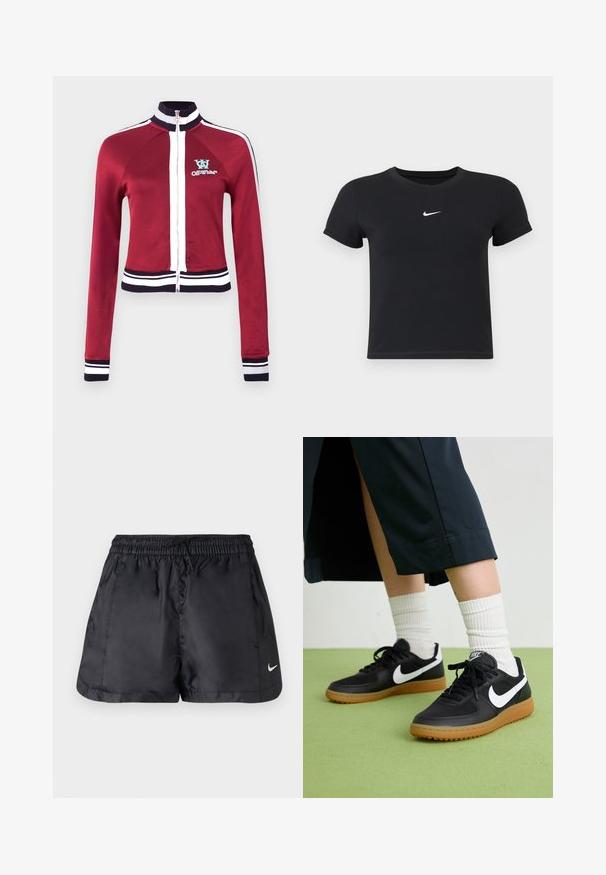 Czerwona kurtka na zamek błyskawiczny z wysokim kołnierzem, niebieskimi akcentami oraz białe paski na prążkowanych mankietach i dole kurtki. Na piersi znajduje się logo.; Czarny krótki rękaw t-shirt wykonany z bawełny, z okrągłym dekoltem. Posiada białe logo Nike na piersi, minimalistyczny wzór oraz dopasowany krój.; Czarne szorty sportowe wykonane z lekkiego, gładkiego materiału. Posiadają elastyczny pas, sznurek do regulacji oraz małe białe logo w dolnym prawym rogu.; Czarne skórzane i syntetyczne sneakersy z białym logo Nike, gumową podeszwą, okrągłym noskiem i czarnymi sznurowadłami. Widziane są ribbowane białe skarpetki.
