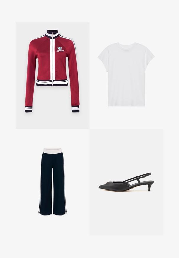 Veste zippée rouge avec un col montant, des accents bleus et des bordures côtelées blanches à rayures sur l'ourlet et les poignets. Logo visible sur la poitrine.; T-shirt blanc à manches courtes, col rond, coupe décontractée, en tissu de coton doux. Texture lisse, sans motifs ni logos.; Pantalons taille large bleu marine avec une ceinture élastique blanche et des rayures latérales contrastantes. Texture lisse avec une coupe décontractée et des fentes sur l'ourlet.; Chaussures noires à talon slingback avec un bout pointu, en matériau lisse, dotées d'un petit talon et d'un accent décoratif en argent sur le dessus.