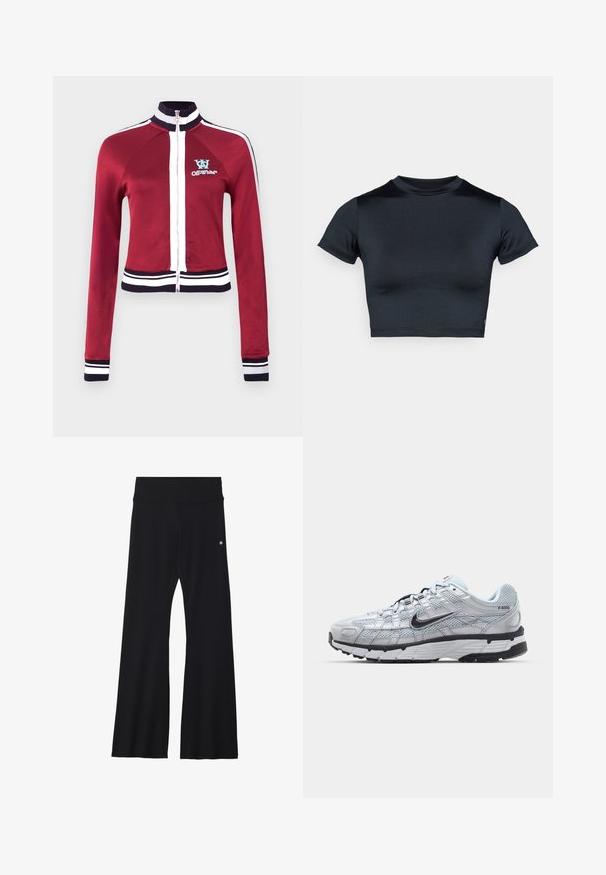 Punane lühikese tõmblukuga jakk kõrge kraega, siniste detailide ja valgete triibulise soonikuga ääre ja varrukaosas. Rindkerel logoga.; Lühikeste varrukatega lühike tume mereväe sinine topp, valmistatud siledast ja elastsetest kangast. Omab ümmargust kaelust ja minimaalseid õmbluse detaile. Logosid ei ole nähtaval.; Mustad mustad jooga püksid venivast kangast, lai vöökoht ja väike logo puusade lähedal. Sile tekstuur, mustrid puuduvad.; Nike P-6000 tenniset heleda halli võrgust pealteega, mustade aktsentidega ja vastupidava musta kummist tallaga. Omab keerukat disaini ja paeltesüsteemi.