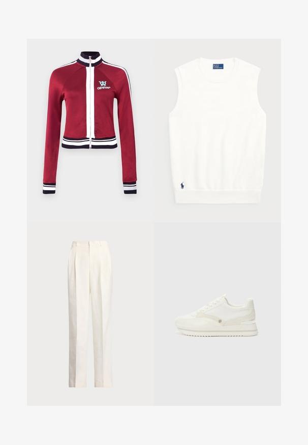 Chaqueta roja con cremallera y cuello alto, acentos azules y ribete a rayas blancas en el dobladillo y los puños. Lleva un logo en el pecho.; Suéter blanco sin mangas hecho de algodón suave, con un dobladillo acanalado y un pequeño logo azul marino en la parte inferior izquierda. Diseño simple, sin patrones.; Polo Ralph Lauren HEMP WIDE LEG PANT - Pantalones - nevis; Zapatillas blancas con una combinación de materiales lisos y texturizados, que cuentan con un logo sutil, diseño de cordones y suela en zigzag.