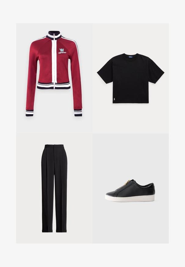 Veste zippée rouge avec un col montant, des accents bleus et des bordures côtelées blanches à rayures sur l'ourlet et les poignets. Logo visible sur la poitrine.; T-shirt en coton noir à manches courtes, col rond, avec un petit logo blanc en bas à gauche. Coupe classique, ample, avec un minimum de détails.; Pantalons noirs ajustés à taille haute, dotés de plis à l'avant, d'une coupe droite et d'un ourlet à revers. Fabriqués en tissu lisse.; Baskets basses en cuir noir avec semelle blanche et fermeture éclair dorée, vue latérale, style minimaliste sur fond uni.