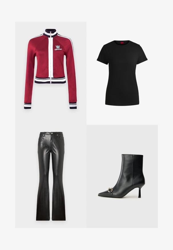 Crvena jakna na patentni zatvarač s visokim ovratnikom, plavim detaljima i bijelim prugastim rebrastim rubom na donjem dijelu i manžetama. Na prsima se nalazi logo.; Crna pamučna majica s kratkim rolanim rukavima, okruglim izrezom i crvenom etiketom. Glatka tekstura, uski kroj s minimalnim detaljima.; Crne kožne hlače s lepršavim krojem, glatke teksture, pet džepova, prednjim zatvaračem na dugme i prilagođenim siluetom kroz bedra.; Crne kožne gležnjače s nazupčanim prstom, uskim srednje visokim potpeticama i detaljem srebrne kopče sa strane na jedinstvenoj pozadini.