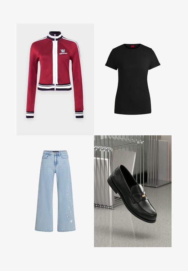 Rød jakke med lynlås og høj krave, blå detaljer og hvide stribede ribkanter ved kant og ærmer. Har logo på brystet.; Sort bomulds T-shirt med korte opklappede ærmer, rund halsudskæring og et rødt mærke. Glat tekstur, tætsiddende form med minimal detaljer.; Lyseblå brede jeans i denim med syet "Donald og Daisy" tekst på venstre ben. Har klassisk fem-lomme design og bæltestropper.; Sorte læder loafers med en glat finish, der har et dekorativt bånd og en lille gylden detalje. Sålene er flade med en afrundet tå.