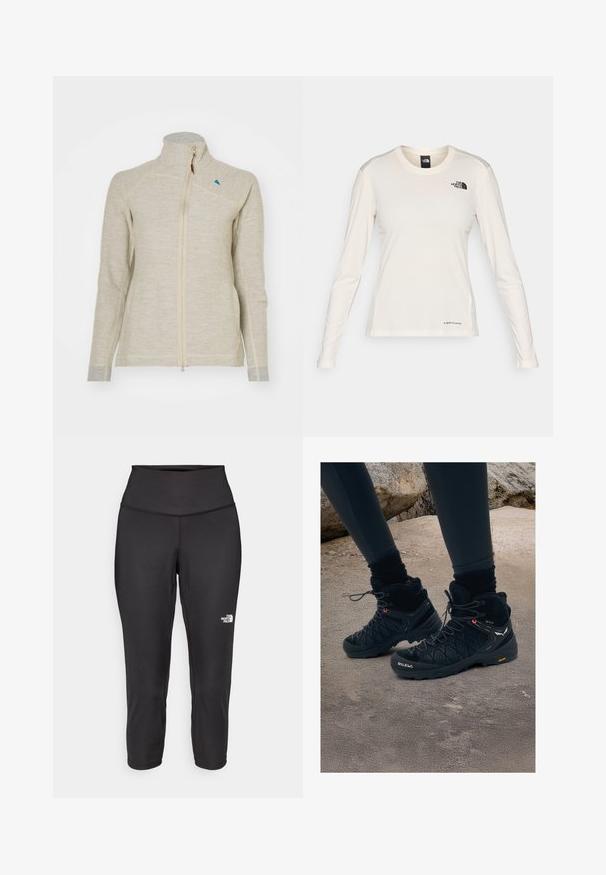 Helebeež žipek, millel on kõrge krae, pikad varrukad, kontrastsed hallid manžetid ja väike sinine logo krae lähedal. Tekstuuriga kangas.; The North Face SHADOW LONG SLEEVE - Pikkade varrukatega topp - white dune; Mustad mustad capri retuusid on valmistatud elastsetest kangast, millel on kõrge vöökoht ja väike valge logo vasakul küljel. Sile tekstuur.; Mustad matkasaapad kõrge pahkluu kujundusega, tekstuurse pinna, tugevdatud varba ja Vibram välispinnaga. Omab nööriga sulgemist ja brändingut küljel.