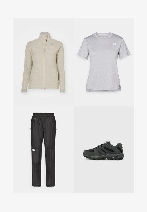 Világos bézs színű zipzáras dzseki magas gallérral, hosszú ujjakkal, kontrasztos szürke mandzsettákkal és egy kis kék logóval a gallérnál. Texturált anyag.; Szürke, rövid ujjú póló, puha, nedvességet elvezető anyagból készült. Kerek nyakú, és egy kis fehér logó található a bal felső részen.; Fekete vízálló nadrág könnyű anyagból, rugalmas derékkal, oldalsó zsebekkel és logóval a bal lábon.; Columbia REDMOND - Túracipők - black/citron haze