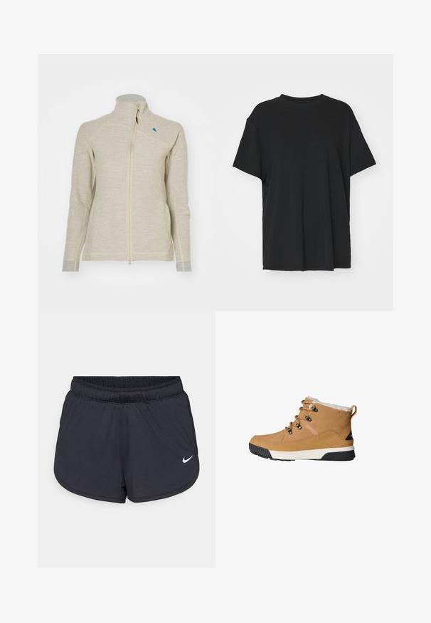 Light beige zip-up jacket with high collar, long sleeves, contrasting gray cuffs, and a small blue logo near the collar. Textured fabric.; Black short-sleeve t-shirt made of smooth fabric, with a crew neck and loose fit. Features side slits for added comfort and breathability.; Black athletic shorts with an elastic waistband, featuring a sporty design and a white Nike logo on the lower front. Textured fabric.; Tan ankle boots with a textured leather upper, fleece lining, round laces, and a rubber outsole featuring a black and white design.