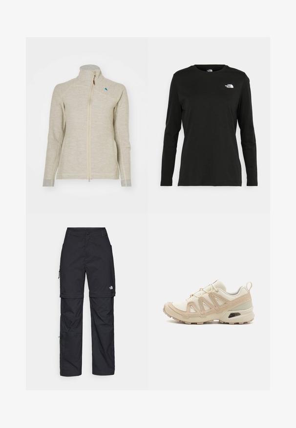 Light beige zip-up jacket with high collar, long sleeves, contrasting gray cuffs, and a small blue logo near the collar. Textured fabric.; Black long-sleeve t-shirt made of cotton with a round neck. Features a small white logo on the left chest area. Simple design and fit.; Black nylon zip-off cargo trousers with adjustable cuffs, multiple pockets, and a logo on the right leg. Smooth, lightweight texture.; Beige and cream athletic shoe with textured mesh upper, supportive overlays, and rubber outsole featuring a tread pattern for traction.