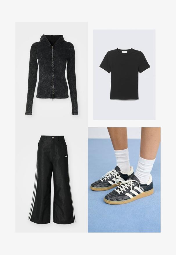 Weekday DYED FITTED ZIP HOODIE - Cardigan - black; Black short-sleeve T-shirt made of soft cotton, featuring a crew neckline and a regular fit, with no visible patterns or accents.; Black wide-leg denim pants with three white stripe accents on each side and a small white logo. Features front pockets and a button closure.; Black leather sneakers with white stripes, round toe, white laces, and gum rubber sole. Accentuated by padded collar and branding details.