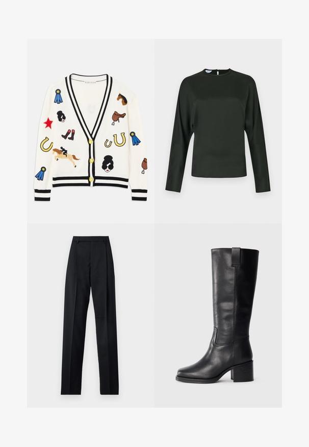 Witte cardigan met zwarte rand, voorzien van kleurrijke geborduurde ontwerpen van paarden, prijzen en figuren. Het ontwerp bevat laarzen, sterren en hoefijzers.; Donkergroene lange mouw top van gladde stof. Heeft een hoge halslijn en een sleutelgatsluiting aan de achterkant. Rechte snit met minimale details.; Zwarte broek gemaakt van gladde stof met een hoge taille, wijde benen, voorplooien en klassieke ceintuurlussen. Geen zijzakken zichtbaar.; Zwarte leren kniehoge laarzen met een gladde textuur, vierkante neus, blokhak en zijhandvat, met minimale stikseldetails.